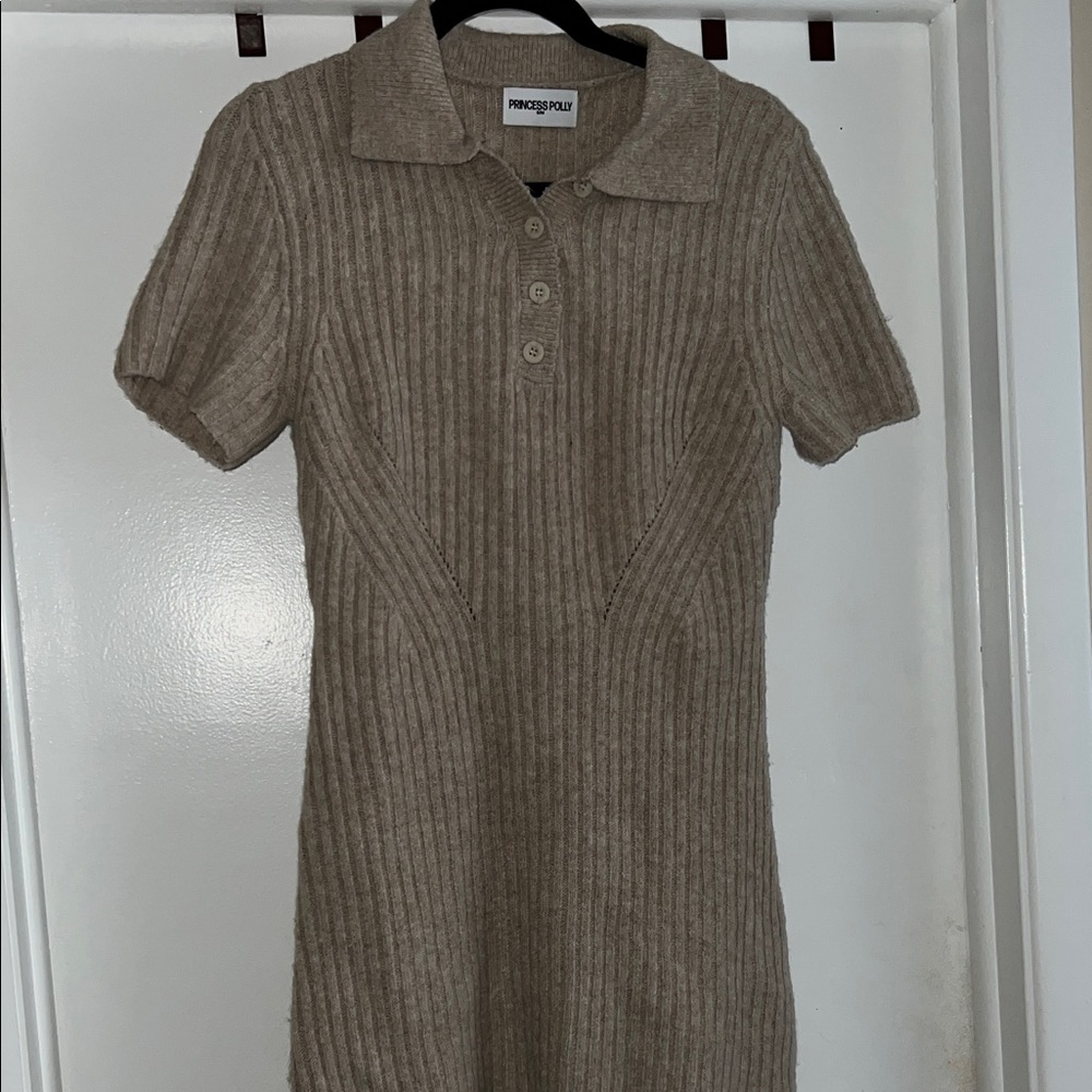 Princess Polly Ribbed Polo Knit Dress in Taupe Beige